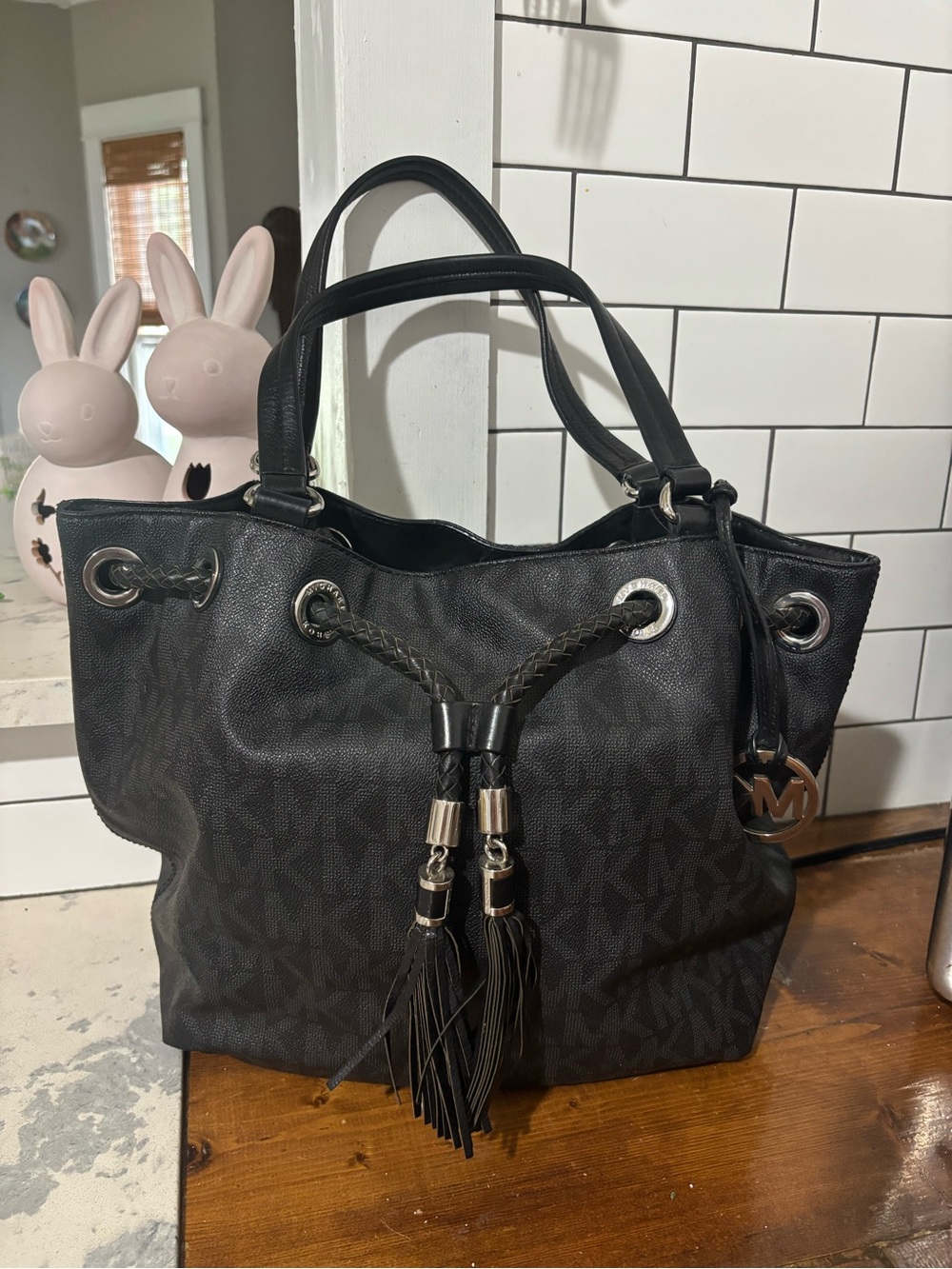 Michael Kors Black Braided Drawstring Tassel Tote